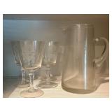 5 CRYSTAL WINE Glass w glass pitcher Engraved
