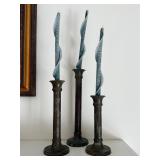 3 Patinated painted Vtg Solid Brass candleholders