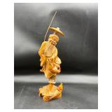 vintage hand-carved wooden statue Asian fisherman