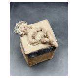 Signed lidded naked sunbathing girl pottery
