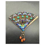 Chinese export signed silver fan brooch