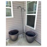 Shepherds hook and 2 large plastic planters