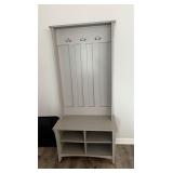 Hall Tree features a Cape Cod Gray finish