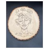 Wood burning face w mushroom illustrations