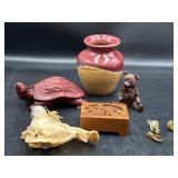 Vintage home decor, turtle, vase, bear, pins