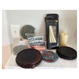 Wooden ginger jar stands, candles and trivets