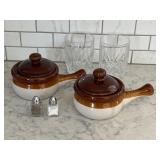 Soup crocks glasses salt & pepper