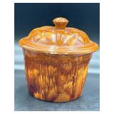 Chipped lid brown drip glaze lidded jar