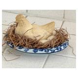 Hen soap in blue & white dish