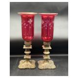 Vintage mantle cranberry glass candle holders