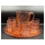 Pink Depression glass tray, pitcher, & glasses