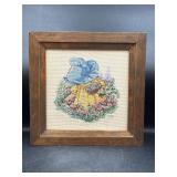 9x9 1990 vintage needlepoint girl & flowers