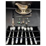 Vintage spoons, letter opener, gravy boat