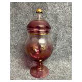 cranberry iridescent glass pedestal candy dish