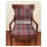 Vintage arm chair plaid fabric brass nailhead trim
