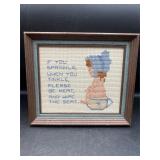 vintage framed cross-stitch bathroom wall hanging