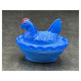 blue glass miniature hen on nest