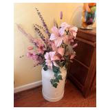 Vintage heavy metal milk can w faux flowers