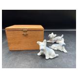 Porcelain mini dogs & wooden trinket box