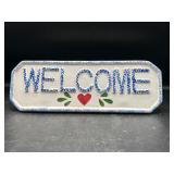 vtg ceramic white and blue spongeware welcome sign
