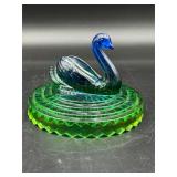 VTG Jeannette Glass Co blue & green glass swan lid