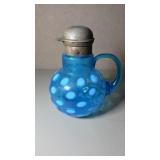 Blue Coin Dot Glass Syrup Pitcher w/ Metal Lid