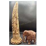 Hand Carved Resin Faux Tusk & Wooden Elephant Art