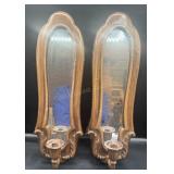 2 Vintage Faux Wood Grain Sconce Mirrors