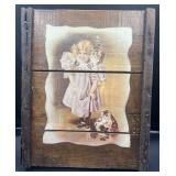 1970s Wood Slat Art - Antique Girl with Kittens