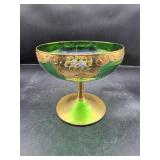 Bohemian Green & Gold Glass Pedestal Compote