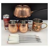 Ensemble à fondue en cuivre, avec 3 tasses