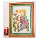 Faux vitrail, encadré, signé Eva