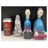 3 sculptures, 2 en bois et 1 en pierre