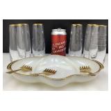 Plat de service Fire-King, à 3 sections, 6 verres