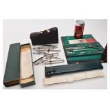 Lot de compas, dont Steadler, et règle de calcul