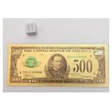 Billet souvenir 500 dollars, USA, en feuille d'or
