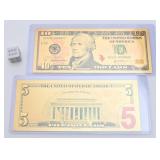 2 billets souvenirs en feuille d'or, USA,