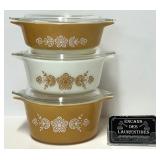 3 casseroles Pyrex butterfly gold, #471-72-73,
