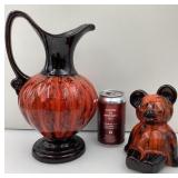 2 poteries Evangeline, vase et banque ourson,