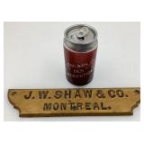 Ancienne plaque en métal J.W. Shaw & Co.