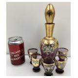 Carafe en verre, avec bouchon et 5 verres, peints