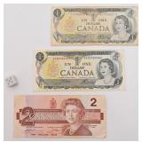 3 billets du Canada, 2x 1 dollar série 1973 et