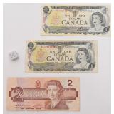 3 billets du Canada, 2x 1 dollar série 1973 et