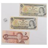 3 billets du Canada, 2x 1 dollar série 1973 et