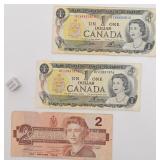 3 billets du Canada, 2x 1 dollar série 1973 et