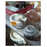 Marble mortar and pestle and miscellaneous