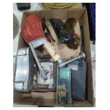 Antique fishing bait boxes, glasses, radio