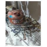 Vintage gas can hacksaws drill four-way wrench