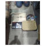 Adding machine craft stuff, picnic tin