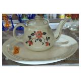 Halls China pottery tea pot with crack and server